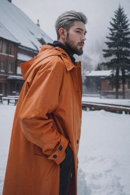 00034-632412759-(silver_hair_1.1),handsome male,beard,(oversized orange coat_1.1),abs,winter,snow,.png